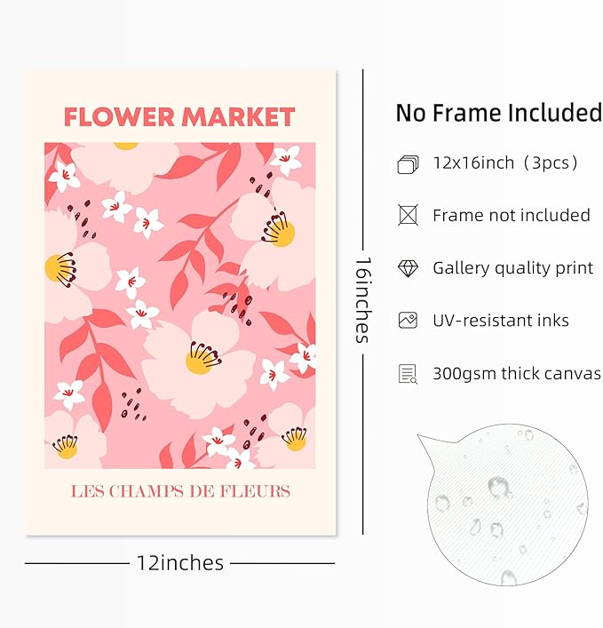 Matisse Abstract Wall Art Decor Pink Flower Canvas Pictures Picasso Aesthetic Wall Art Henri Matisse Prints Poster Abstract Flower Painting Market Artwork for Bedroom 12x16 Inch Unframed Set of 3
