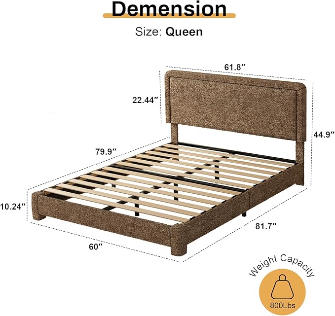 WEUP Queen Size Boucle Bed Frame, Upholstered Cloud Bed Frame with Adjustable Headboard, Soft Rounded Corners, No Box Spring Required, Easy Assembly, Coffee