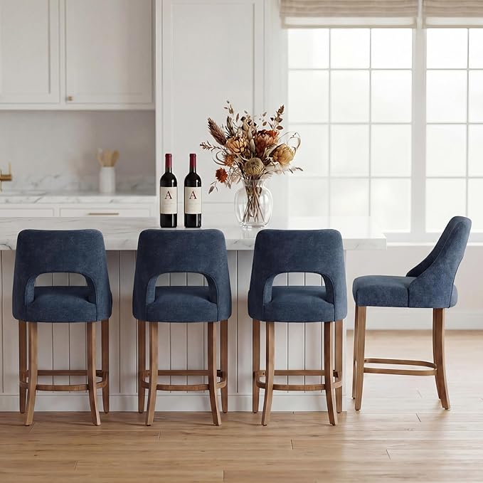 UVV Bar Stools Set of 4, Upholstered Counter Height Bar Stools, Modern Counter Stools with Wood Legs for Kitchen Island Dining Room Bar, Navy Blue
