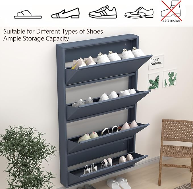 GREATMEET Shoe Cabinet with 4 Flip Drawers, Slim Metal Shoe Cabinet Storage for Entryway, Hidden Narrow Shoe Rack Organizer Cabinets Wall Mount for Living Room, Bedroom, Hallway, Blue