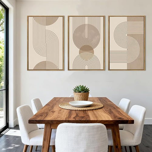 Anyzal Large Neutral Boho Framed Wall Art,Modern Mid Century Wall Decor Canvas,Beige Minimalist Art Print Abstract,Geometric Neutral Artwork Boho for Home Living Room Bedroom Office Set of 3 16''x24''