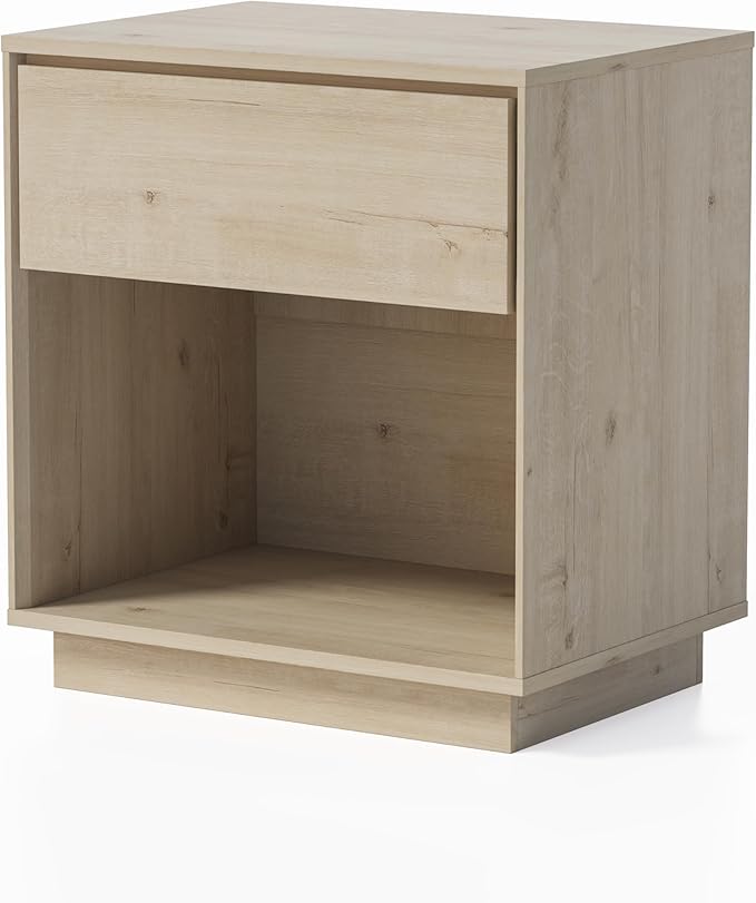 EYYTHUNG Modern Nightstand, Wood End Side Table with Storage and Open Shelf, Farmhouse Accent Night Stand Bedside Table for Bedroom, Light Oak
