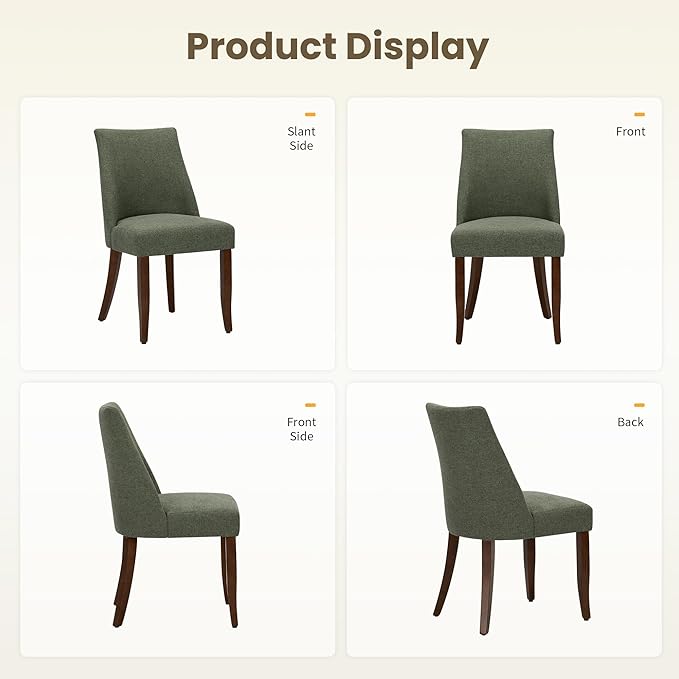 Wooden Dining Chairs Set of 2, Upholstered Farmhouse Fabric Dining Room Chair, Mid Century Kitchen Chair for Restaurant & Cafe, Green