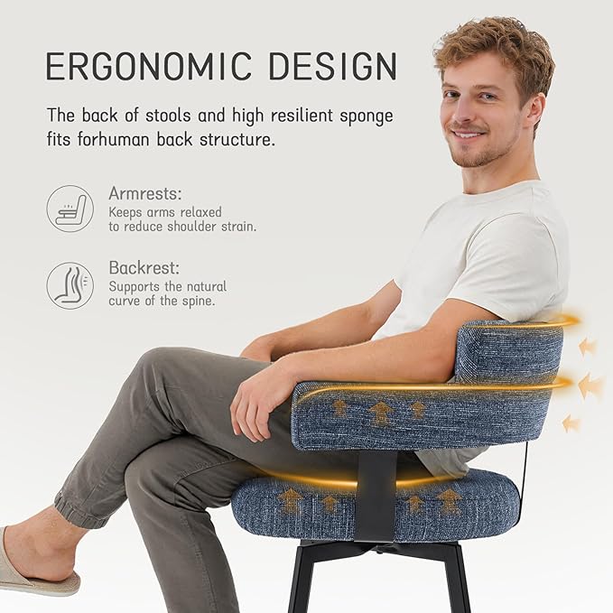 30 Inch Bar Stools Set of 2 with Full Back, Swivel Bar Chairs with Linen Padded Back, Metal Footrest, Modern Bar Height Stools for Kitchen Island, Dining, Living Room, Blue