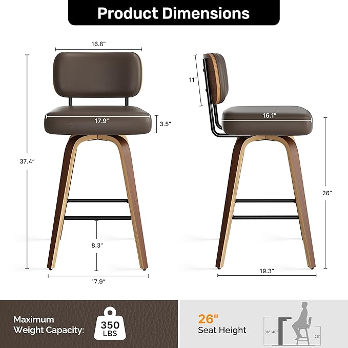 Swivel Bar Stools Set of 2, 26" Upholstered Faux Leather Counter Height Barstools with Walnut Back & Bentwood Legs, Mid Century Modern Bar Chairs Island Stools for Kitchen Counter, Coffee