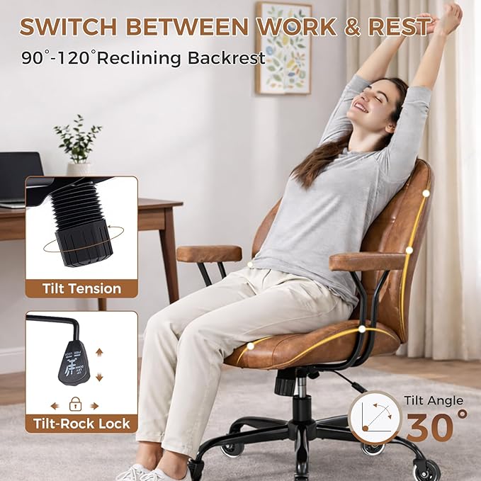 Brown Leather Office Chair with Quiet Rubber Wheels and Lumbar Support, Mid-Back Ergonomic Desk Chair with Removable Armrests, Height Adjustable Computer Chair for Home Office