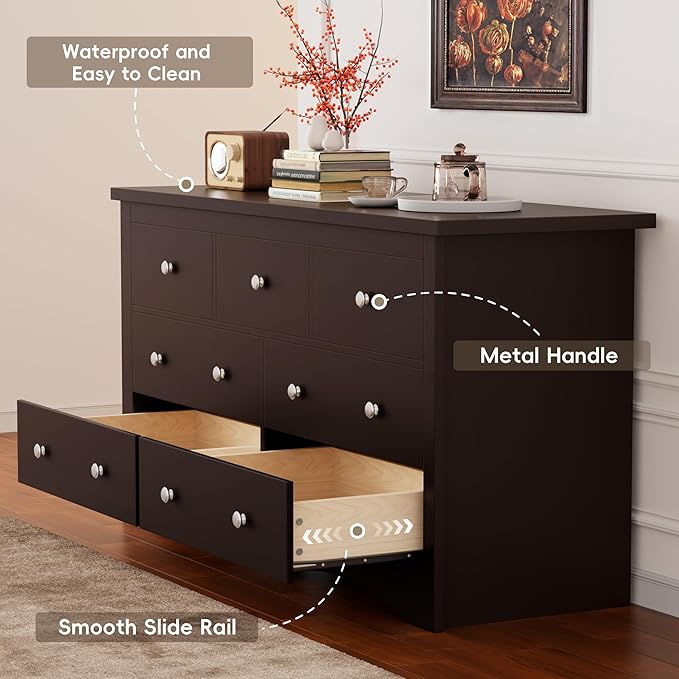 Furmax Dresser for Bedroom, 7 Wood Dresser, Chest of Drawers, for TV up to 65 inch, TV Stand Storage Chest of Drawers for Hallway Entryway (Brown)