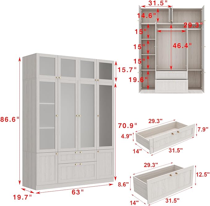 MOUMON 86.6" 4-Door Wardrobe Closet with Frosted Glass Doors & 2 Drawers, Double Hanging Rods & Shelves, Top Storage, Wide Armoire Closet Light Oak 63”W x 19.7”D x 86.6”H