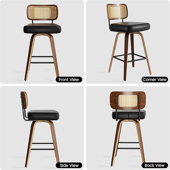 Swivel Bar Stools Set of 1, 26" Upholstered Faux Leather Counter Height Barstools with Rattan Back & Bentwood Legs, Mid Century Modern Bar Chairs Island Stools for Kitchen Counter, Black