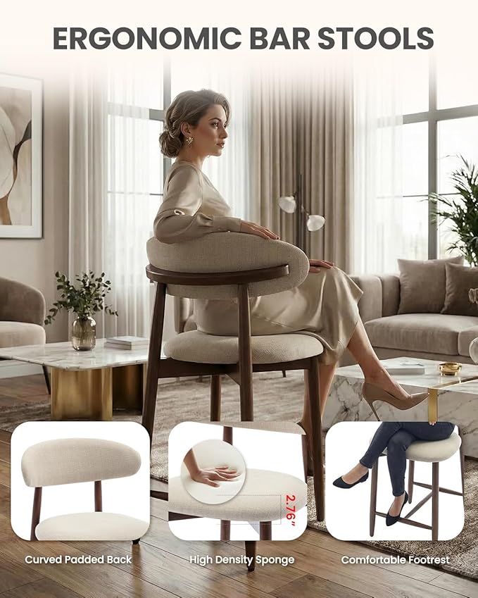 Bar Stools Set of 1, 25.6″ Counter Height Bar Stools with Wood Legs, Upholstered Modern Kitchen Barstools for Kitchen Island Dining Room Bar, Beige