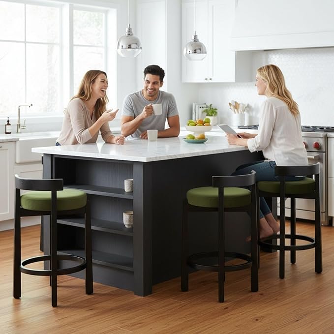 LukeAlon Mid Century Velvet Counter Stools Set of 4, Upholstered 26.5” Seat Height Low Barstools with Black Wood Legs Retro Modern Kitchen Stools with Footrest for Dining Room Bar Coffee Shop, Green