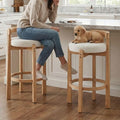 LukeAlon Mid Century Sherpa Bar Stools Set of 2, 30.25" Seat Height Upholstered Barstools with Wood Legs Modern Tall Bar Chair with Curved Low Back Round Footrest for Pub Home Kitchen Island, White