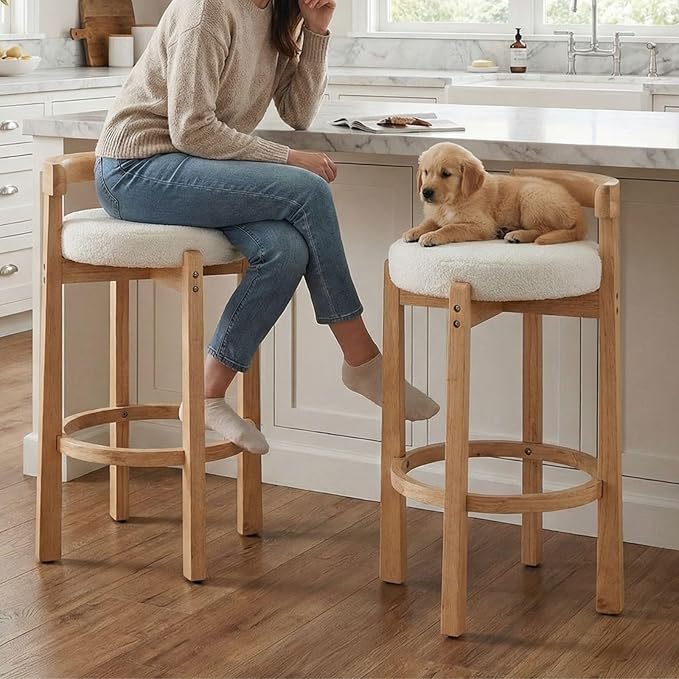 LukeAlon Mid Century Sherpa Bar Stools Set of 2, 30.25" Seat Height Upholstered Barstools with Wood Legs Modern Tall Bar Chair with Curved Low Back Round Footrest for Pub Home Kitchen Island, White