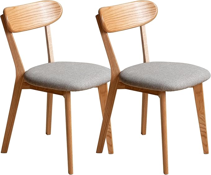 Modern Solid Wood Dining Chair Set of 2, Kitchen Dining Room Chair with Upholstered Cushion and Seat Cover, Curved Backrest, 100% FAS Grade North America Oak Wood, Natural
