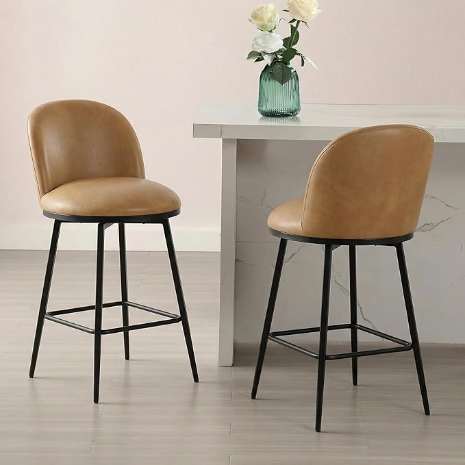 26" Counter Height Swivel Bar Stools Set of 2, Upholstered Faux Leather Barstools with Backs and Metal Legs for Kitchen Island,Brown