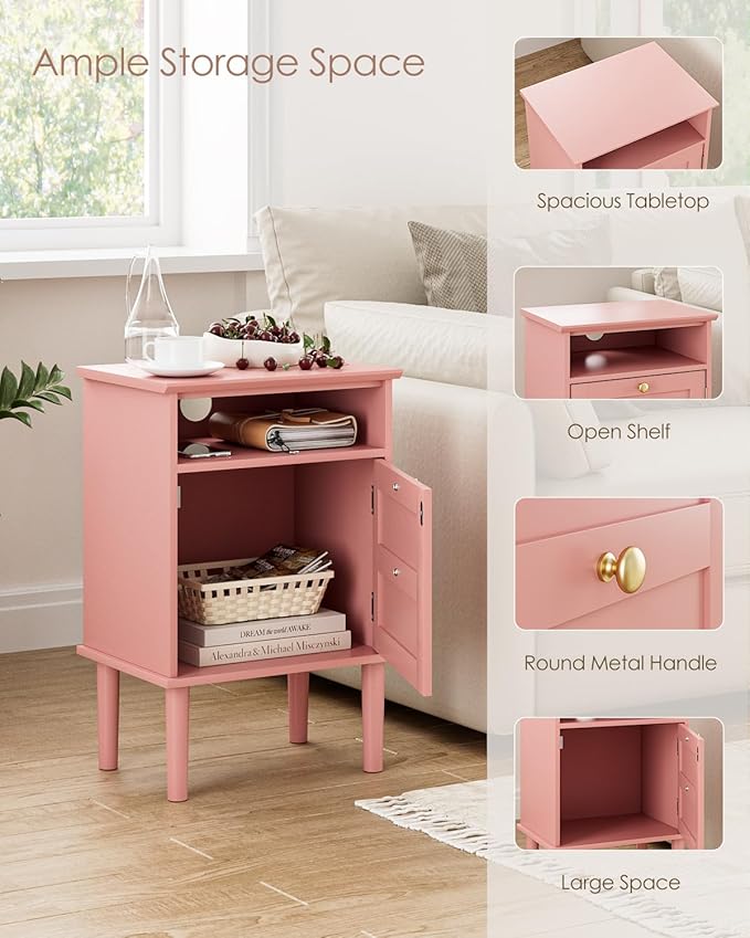 Nightstand, Boho Night Stand with 1 Drawers, Modern Side Accent Table with Open Shelf, Wooden Top Bedside End Table for Bedroom, Living Room, Pink