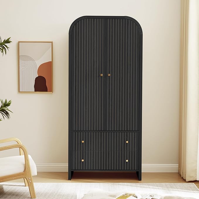 LEVNARY Arched Armoire Wardrobe Closet, Mid-Century Modern 2-Door Freestanding Wardrobe with Hanging Rod and 2 Drawers, Fluted Carved Clothing Storage Cabinet for Bedroom (Black)