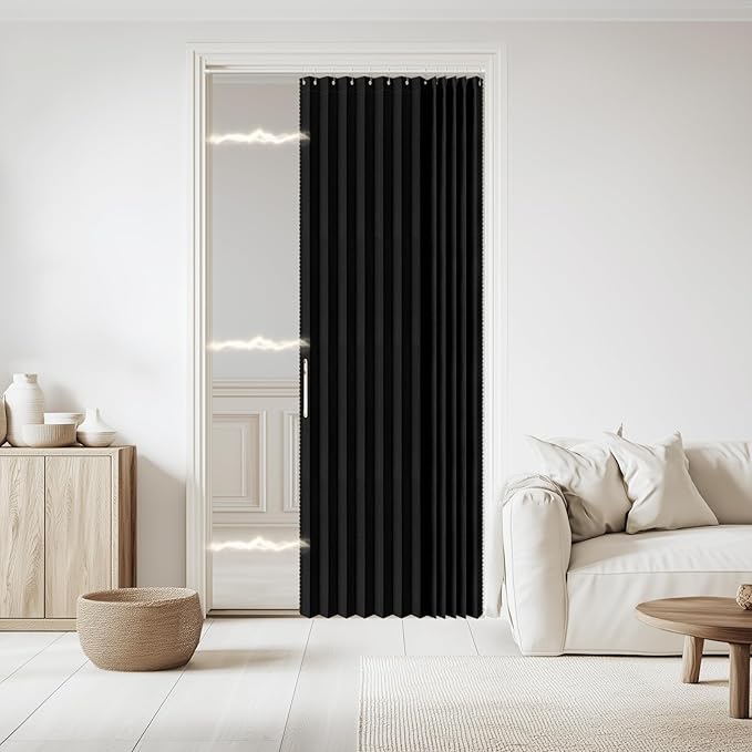Jilron Accordian Door Curtain, 100% Blackout Folding Magnetic Doorway Curtains,Linen Style Closet Doors,for Room Divider,Privacy Protection（W52 x L78,Black,1 Panel）