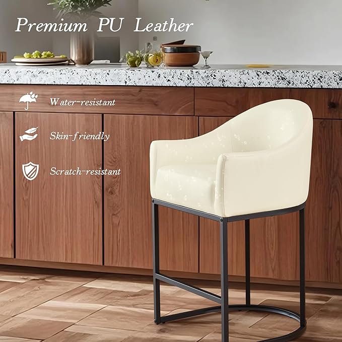 Counter Height Bar Stools Set of 4,Modern Counter Height Bar Stools,PU Leather Upholstered Barrel Barstools with Backs,26'' Kitchen Island Chairs,Metal Black Frames,Beige White Leather
