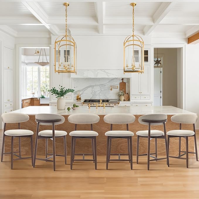 COLAMY Upholstered Counter Height Bar Stools Set of 6, Kitchen Island Stools with Back, Modern Counter Stools Island Bar Chairs with Wood Legs for Kitchen Island Dining Room Bar, Beige
