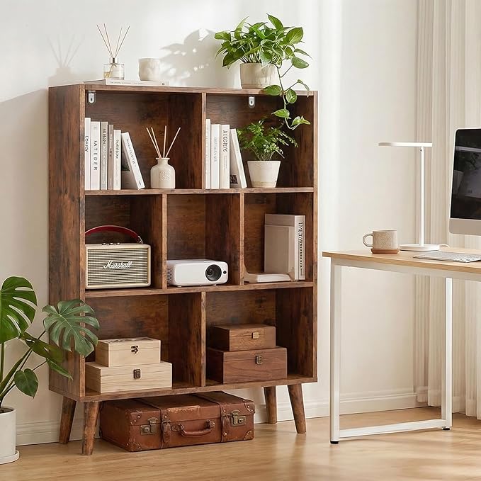 DUMOS Bookshelf, 7 Cube Book Shelf with Legs, 3-Tier Modern Wooden Bookcase, Free Standing Cube Shelf for Living Room, Bedroom, Office, Retro Brown