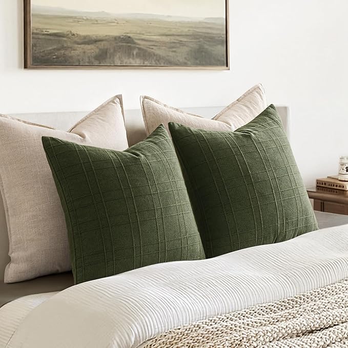 MIULEE Decorative Linen Check Euro Shams Throw Pillow Covers Neutral Farmhouse Vintage Spring Pillow Covers 28x28 Set of 2 Boho Modern Home Decor for Sofa Couch Bedroom Cushion Dark Olive Green