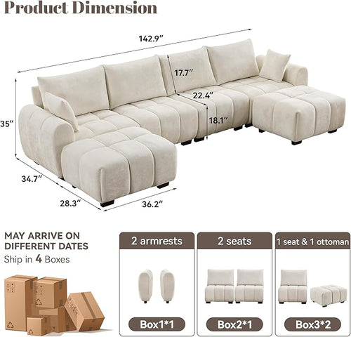 143" Oversized Cloud Couch Sectional, Comfy U Shaped Couch with Two Ottomans and Solid Wood Legs, Mid Century Modern Modular Sectional Couches for Living Room, Tufted Sofas for Living Room, Beige