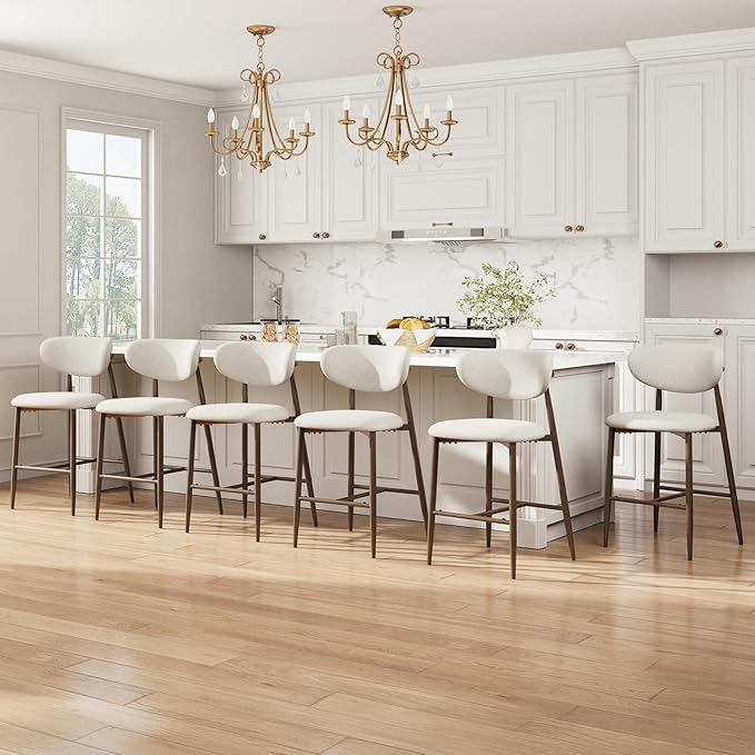MALOL Bar Stools Set of 6, Counter Height bar stools, Kitchen Bar Stools with Backs, Modern Upholstered, Modern Bar Stools with Metal Legs for Kitchen Island, Counter, Beige