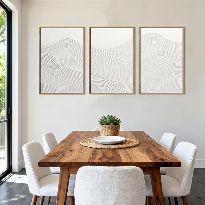 Anyzal Extra Large Framed White Textured Wall Art 24x36 Inch Neutral Abstract Modern Canvas Wall Decor Minimalist Waves Artwork for Living room Dining room Bedroom Set of 3