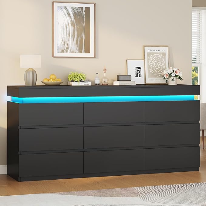 HAUOMS 9 Drawer Dresser with LED Light, Black Modern Chest of Drawers for Bedroom,Long Dresser with Drawers for Living Room, Entryway, Hallway