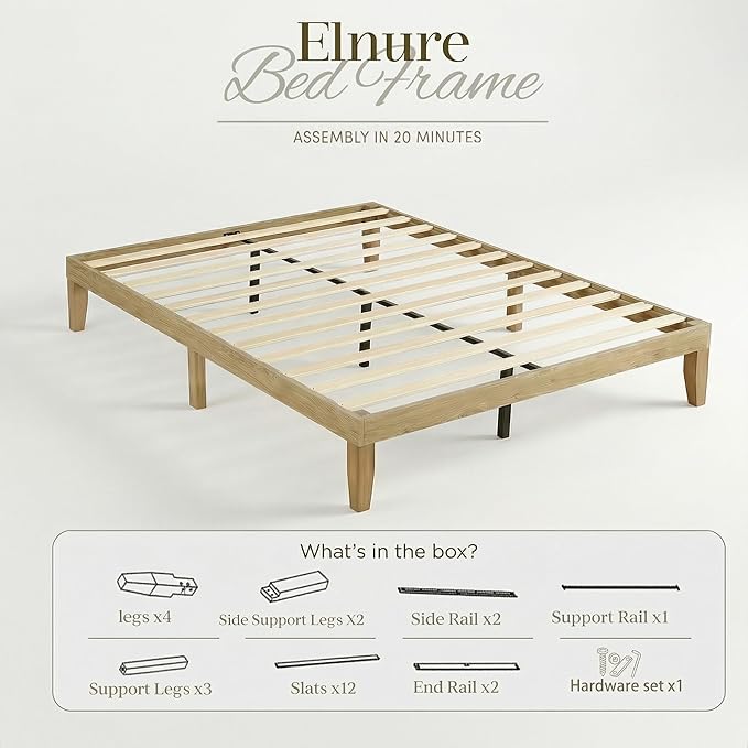 King Bed Frame Wood Platform Bed with Wooden Slats Support 8.5-inch Underbed Space for Storage No Box Spring Needed - Noise-Free Design-Easy Assembly - Minimalist Style