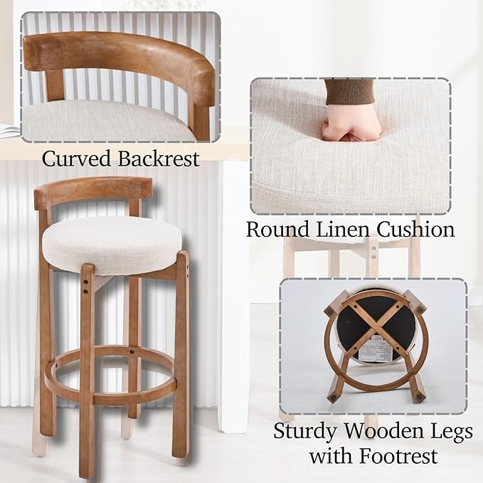 LukeAlon Mid Century Linen Bar Stools Set of 4, 30.25" Seat Height Upholstered Barstools with Wood Legs Modern Tall Bar Chair with Curved Low Back Round Footrest for Pub Home Kitchen Island, Beige