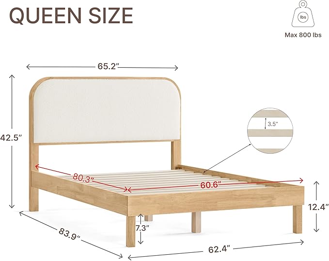 KISLOT Wood Bed Frame with Upholstered Headboard, Mid-Century Boucle Fabric Platform Modern Bed Mattress Foundation Noise-Free No Box Spring Needed Easy Assembly