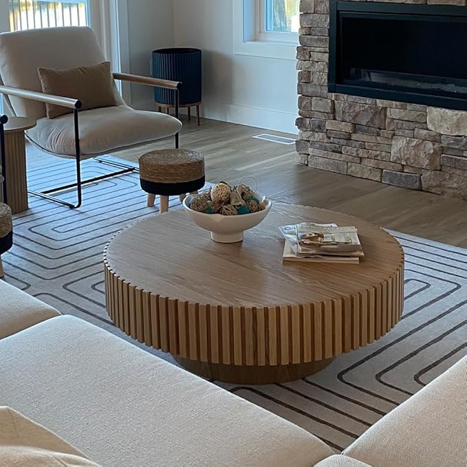 Round Coffee Table for Living Room Contemporary Wood Circle Fluted Coffee Table for Apartment, Easy Assembly ø31.49'', Wood Oak