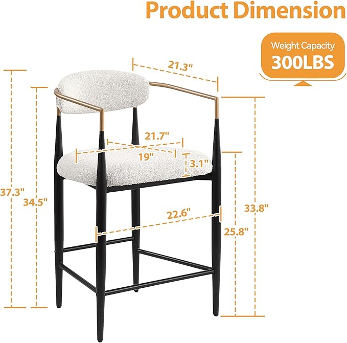 Morden Fort Counter Height Bar Stools Set of 4, Modern Upholstered Counter Stools with High Backs and Black Metal Legs, 26 Inch Island Chairs for Kitchen and Home Bar