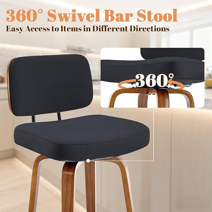 Counter Height Bar Stools Set of 2, 26+inch Swivel Faux Leather Barstool with Back, Upholstered Mid-Century Modern Bar Chairs with Bent Wood Legs for Kitchen Counter, Dining Room, Black