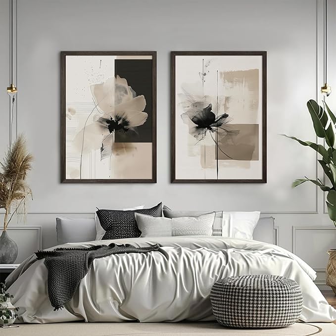 Tocliky Modern Abstract Floral Wall Art Minimalist Neutral Canvas Painting Decor Beige Cream And Black Wall Art Contemporary Flower Picture Prints for Living Room Bedroom 12x16 Inch Framed Set of 2