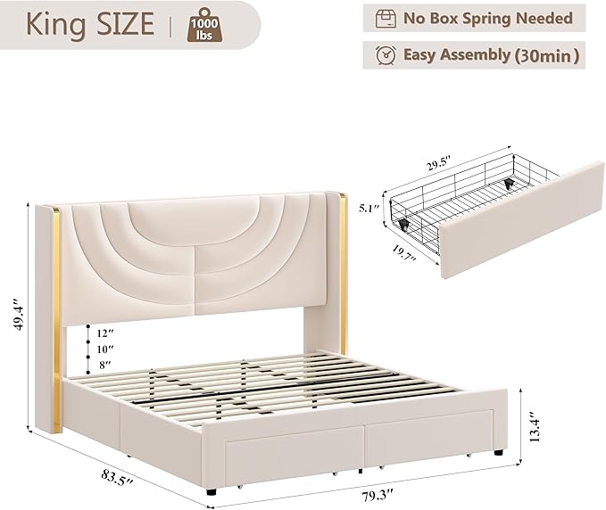 HITHOS King Upholstered LED Bed Frame with 2 Storage Drawers, Velvet Platform Bed with Wingback Headboard, Solid Wooden Slats Support, No Box Spring Needed, Headboard Splicing Design, Beige
