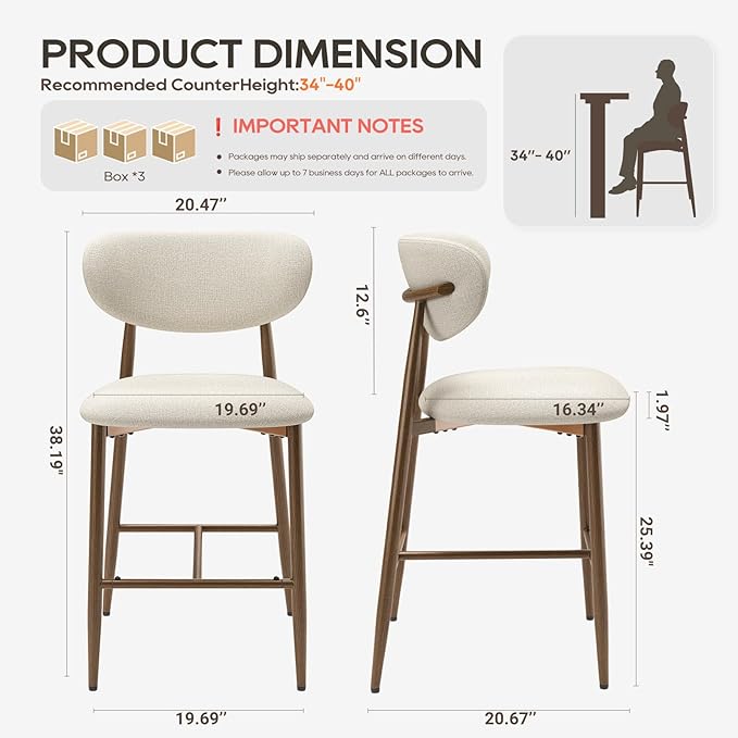 MALOL Bar Stools Set of 6, Counter Height bar stools, Kitchen Bar Stools with Backs, Modern Upholstered, Modern Bar Stools with Metal Legs for Kitchen Island, Counter, Beige
