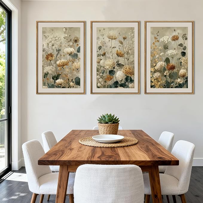 Anyzal Large Neutral Wildflower Framed Wall Art 16x24 Inch Vintage Classic Floral Canvas Wall Decor Mid-century Modern Botanical Art Prints for Living Room Bedroom Dining room