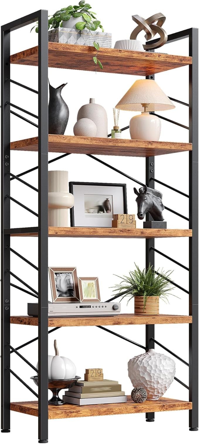 DurayLoly Book Shelf, Industrial 5 Tier Tall Bookshelf, Modern Display Storage Shelves with Metal Frame and Sidebars, Bookcase for Bedroom, Living Room and Home Office, Rustic Brown