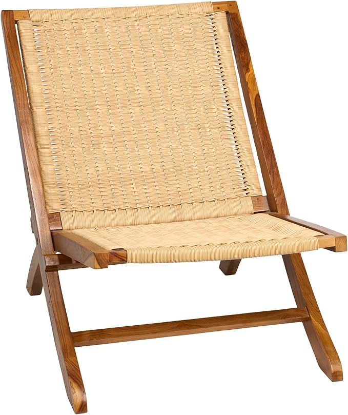 TeakCraft Teak Rattan Lounge Chair – Foldable, Handcrafted Solid Wood Accent Chair with Woven Seat – Mid-Century Modern Recliner for Indoor & Outdoor Use, The Ediz