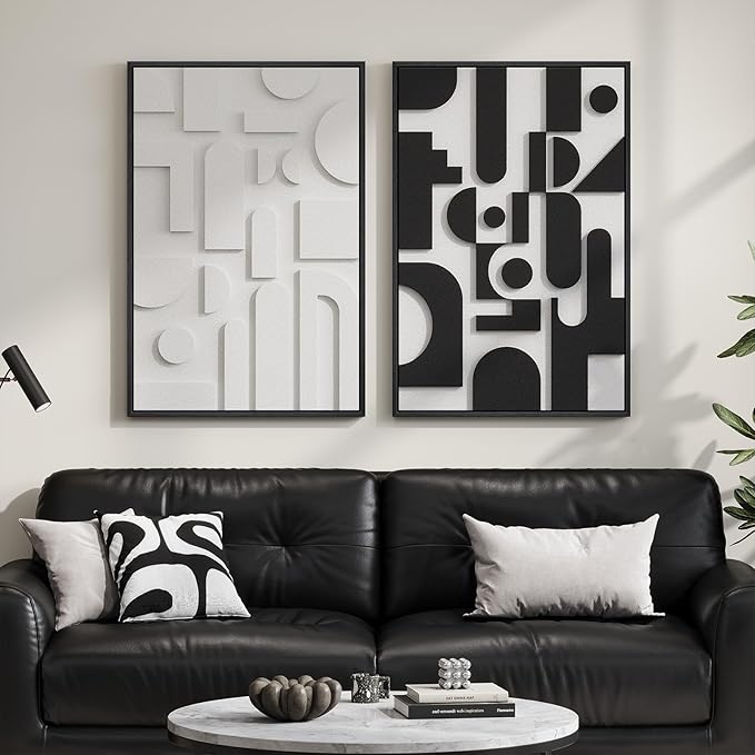 Large 3D Textured Framed Black and White Abstract Wall Art for Living Room, Set of 2 Modern Paintings Artwork for Walls, Minimalist Geometric Pictures for Bedroom Hallway Office Wall Decor 24x36 In