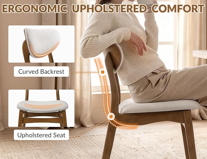 Wooden Dining Chairs Set of 8 - Farmhouse Fabric Upholstered Kitchen Chairs with Curved Back, Solid Wood Mid-Century Modern Side Chair for Dining Room, Beige & Walnut