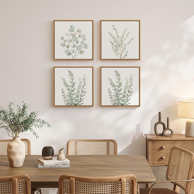 Framed Botanical Boho Wall Art, Set of 4 Piece Sage Green Plant Leaf Picture Artworks for Walls, Minimalist Canvas Painting Prints for Bathroom Washroom Living Room Bedroom Office Wall Decor, 12x12 In