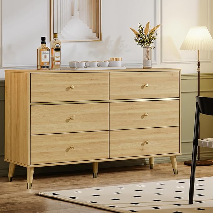 Chrangmay 6 Drawer Dresser,47" Wide Mid Century Modern Chest of Drawers,Wooden Bedroom Drawer Dresser with 6 Storage Drawers for Bedroom,Living Room,with Anti-Tipping Device,Wood