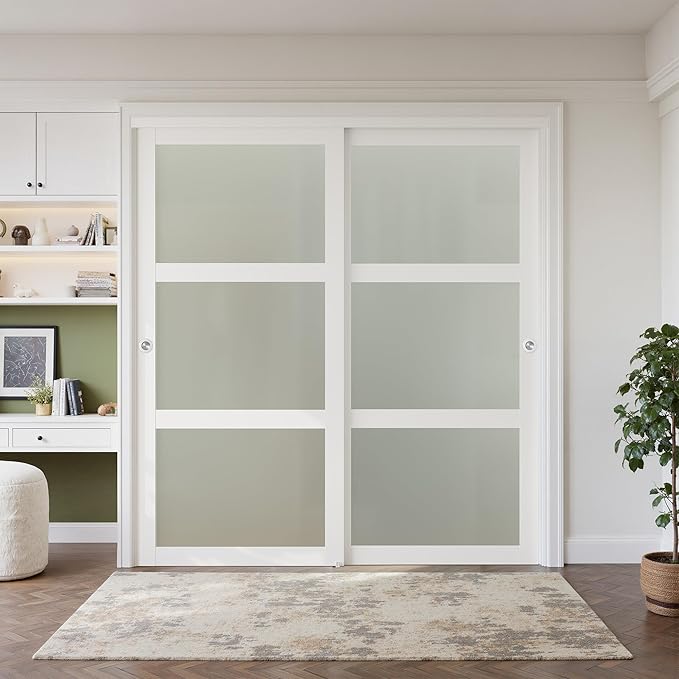 SMARTSTANDARD Sliding Closet Door 48x80(Double 25") Inch, Bypass Frosted Glass 3-Lite,Hardware Kit with Handles Included, Preassembled MDF with PVC Panels for Easy Install, White