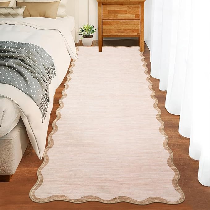 GarveeHome Scalloped Washable Runner Rug 2'6'' x 10' Non Slip Kitchen Rugs Modern Beige Indoor Entryway Rug Farmhouse Soft Bath Mat Stain Resistant Carpet for Bedroom Hallway Laundry 2'6'' x 10' Beige