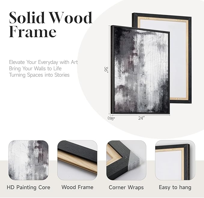 Large Framed Abstract Black and White 3 Piece Wall Art for Living Room, Modern Minimalist Grey Neutral Canvas Artwork for Walls, Contemporary Painting Print Wall Decor for Bedroom Office, 24x36 Inch