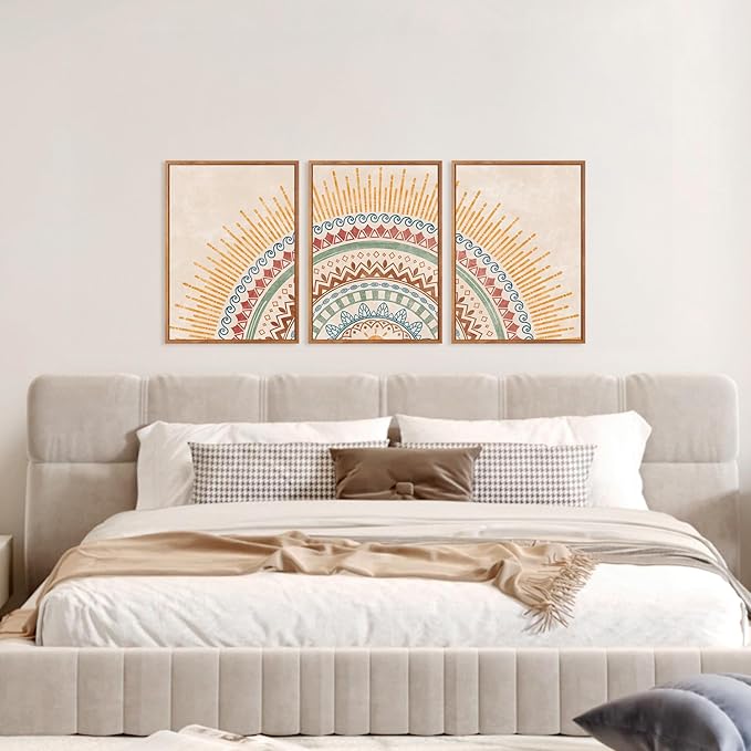 HPINUB Boho Sun Framed Canvas Wall Art Set, (Set of 3,12X16 Inch) Mid-Century Modern Wall Decor, Minimalism Bohemian Wall Painting, Abstract Geometric Pattern Art Print for Living Room,Bedroom,Office